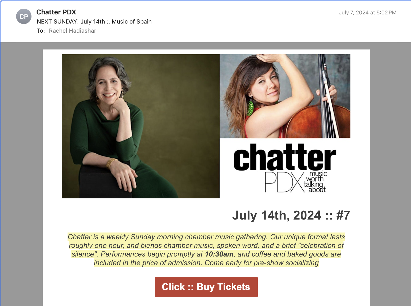ChatterPDX banner with pianist Maria Garcia and cellist Marilyn deOlivera